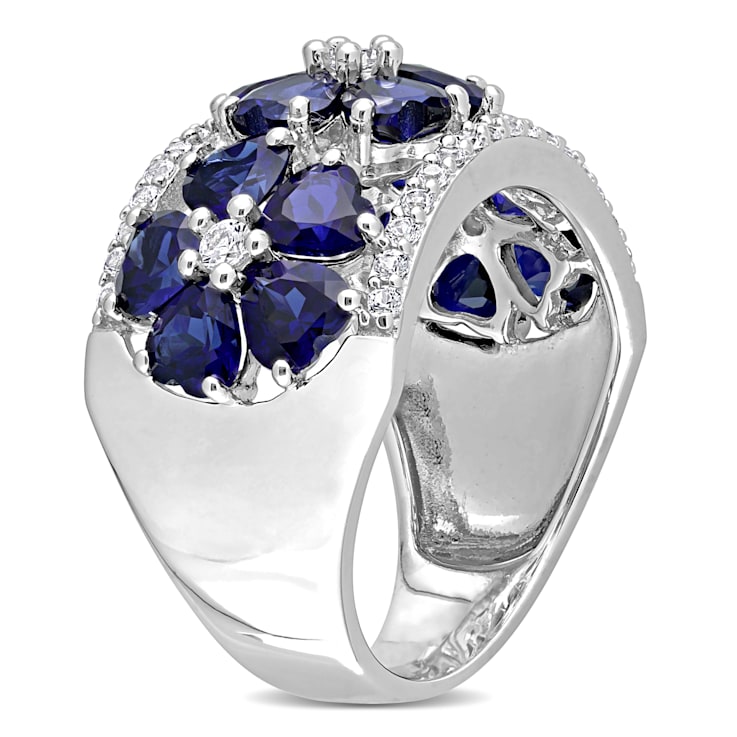 4 1/2 CT TGW Created Blue and White Sapphire Floral Ring in Sterling Silver