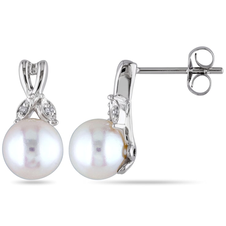 7.5-8MM Freshwater Cultured Pearl and Diamond Accent Twist Earrings in
10K White Gold