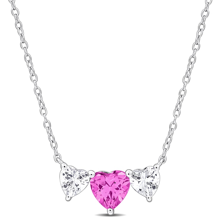 2 5/8 CT TGW Created Pink Sapphire Triple Heart Necklace in Sterling Silver
