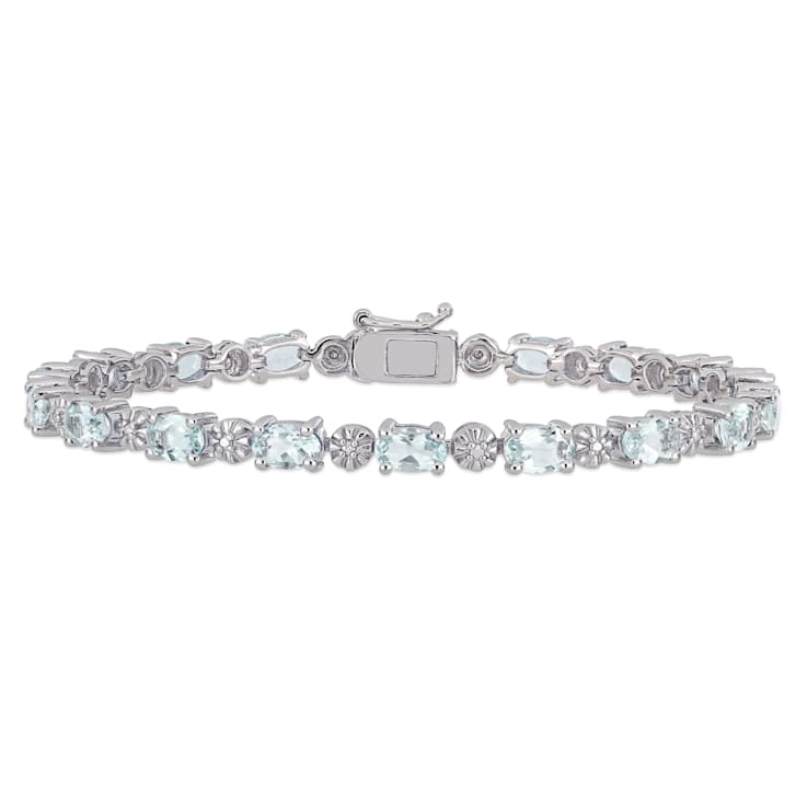 7 1/5 CT TGW Aquamarine and Diamond Accent Tennis Bracelet in Sterling Silver