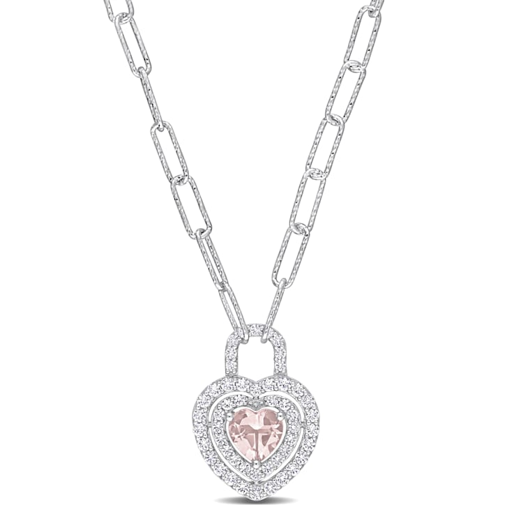 1 3/8 CT TGW Morganite and Created White Sapphire Double Halo Heart Lock
Necklace in Sterling Silver