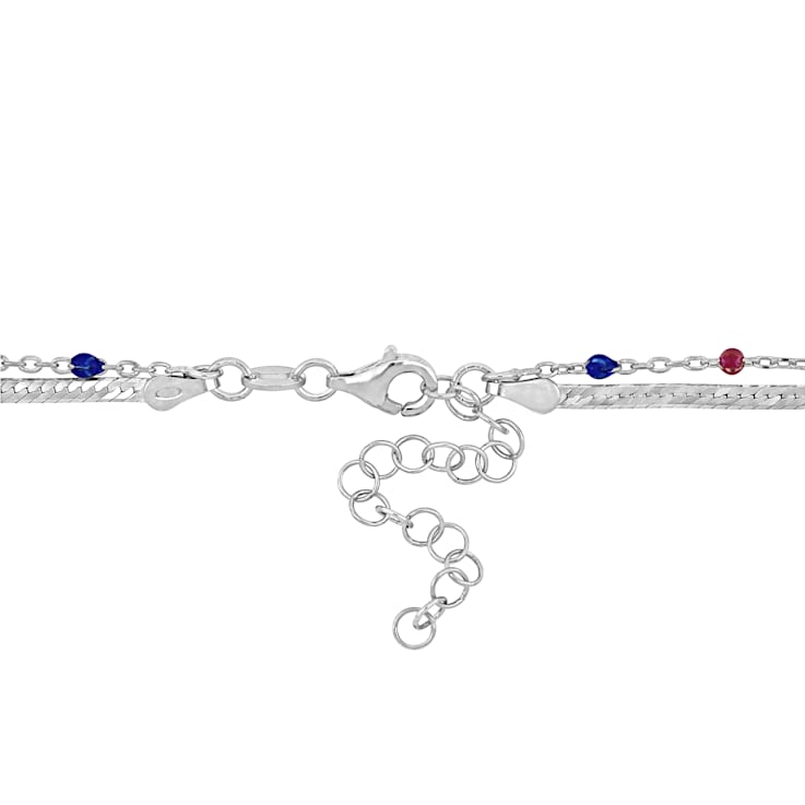 Multi-Color Bead Double Strand Herringbone Necklace in Sterling Silver