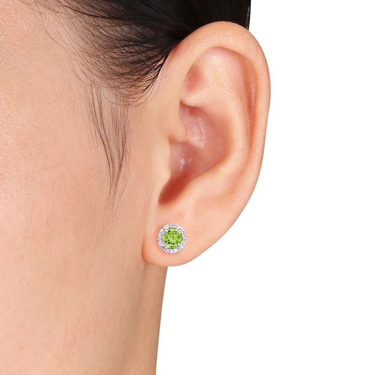 1 1/8  CT TGW Peridot and Diamond Accent Halo Stud Earrings in Sterling Silver