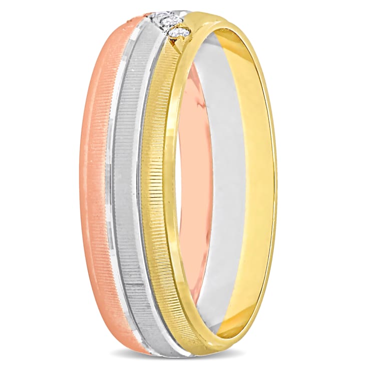 Men's  6mm Cubic Zirconia Matte Three Row Wedding Band in 10K 3-Tone Gold
