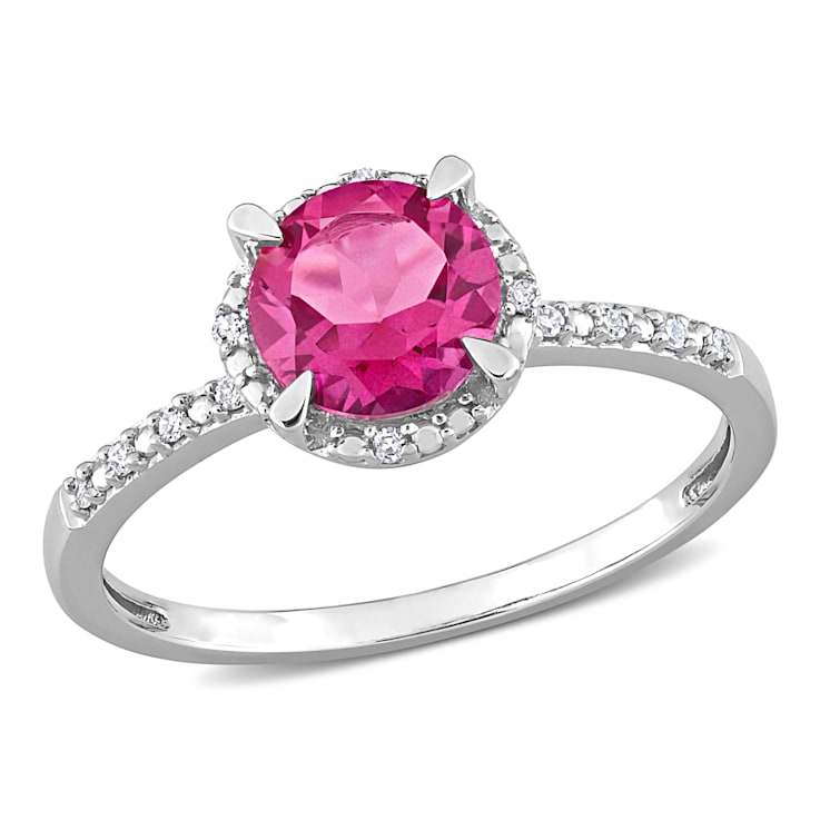 1 3/5 CT TGW Pink Topaz and Diamond Accent Halo Engagement Ring in 10K
White Gold