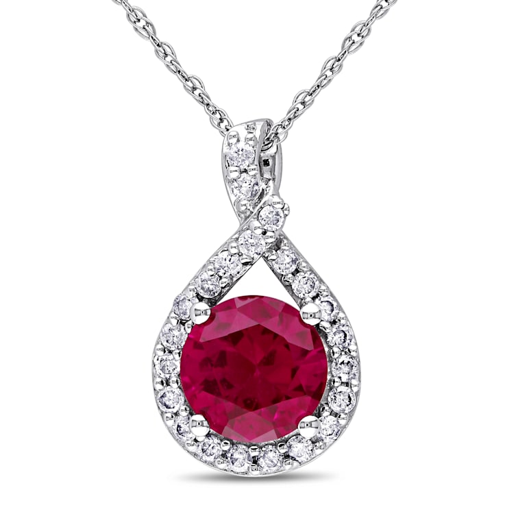 1 5/8 CT TGW Created Ruby and 1/4 CT TW Diamond Teardrop Pendant with
Chain 10K White Gold
