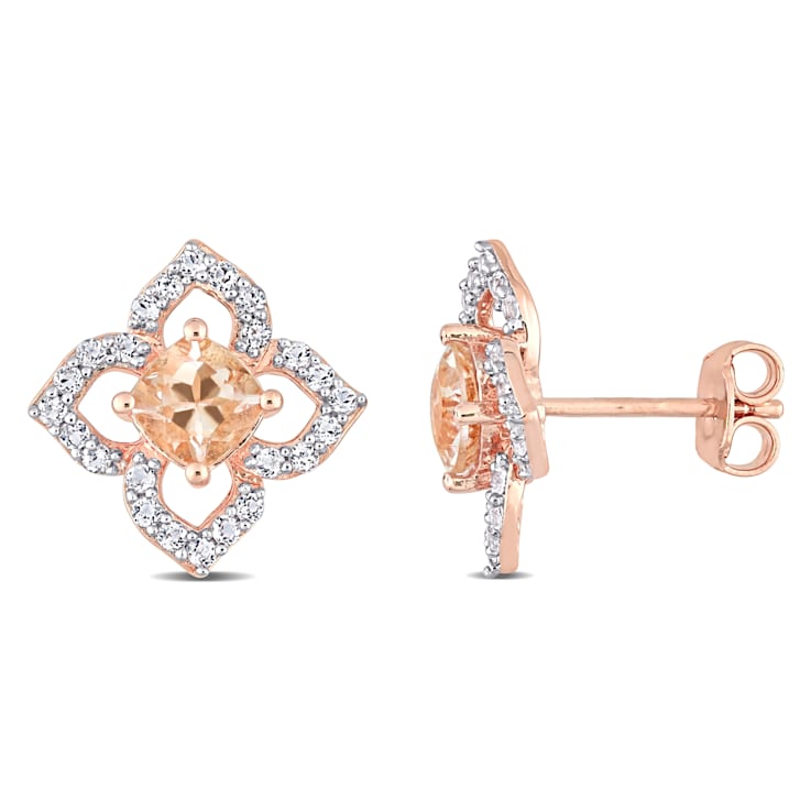 1 3/5 CT TGW Morganite and White Topaz Floral Stud Earrings in Rose
Plated Sterling Silver