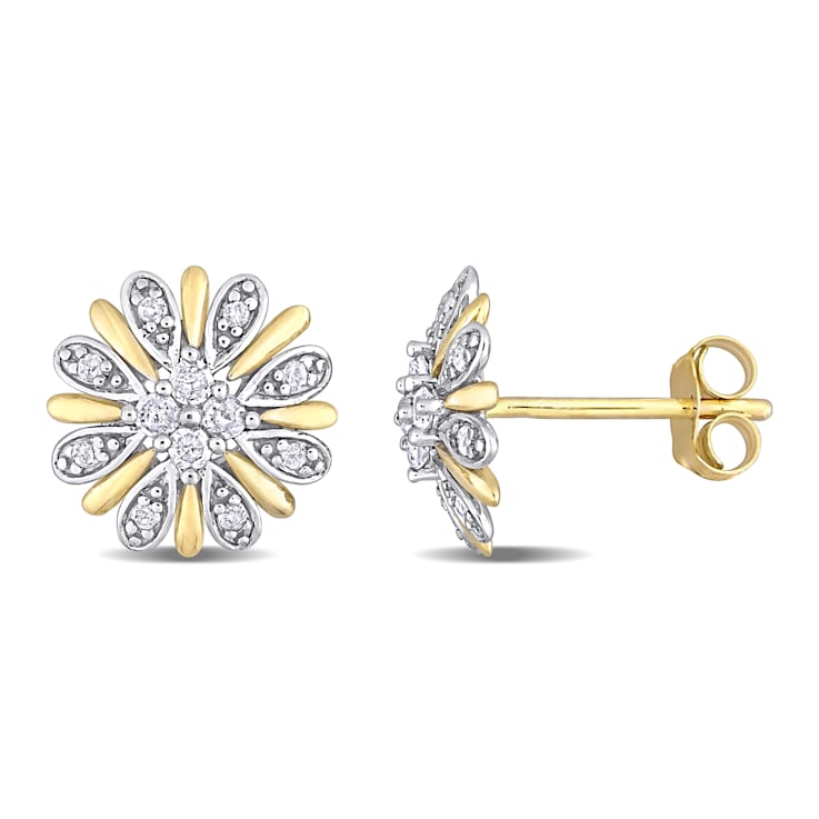 1/4 CT TW Diamond Flower Post Earrings in 2-tone 10k White & Yellow Gold