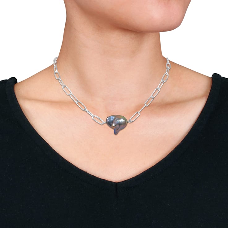 13-14 MM Grey Freshwater Cultured Pearl Necklace in Sterling Silver