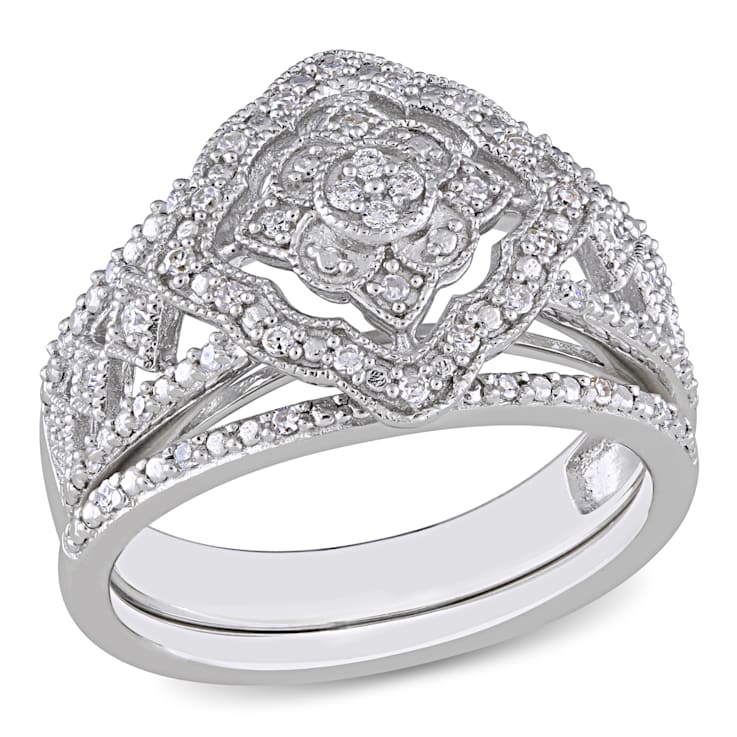 1/4 CT TW Diamond Halo Bridal Set in Sterling Silver