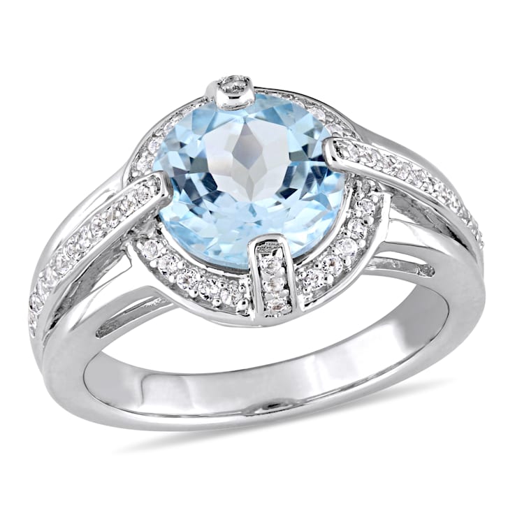 3 3/4 CT TGW Sky Blue and White Topaz Halo Split Ring in Sterling Silver