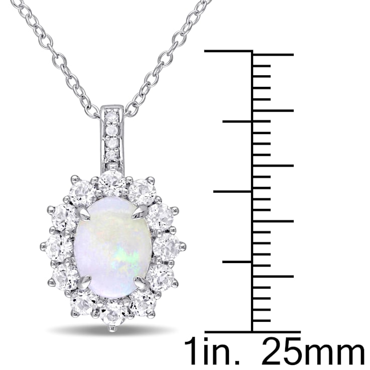 2 CT TGW Opal White Topaz and Diamond Halo Pendant With Chain in
Sterling Silver