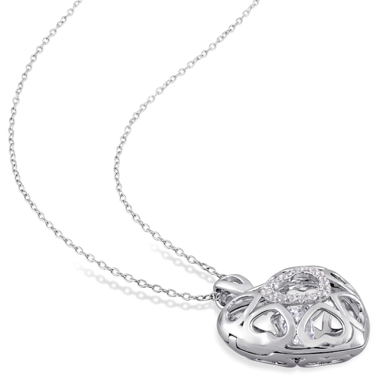 1 1/4 CTW White Topaz Heart Locket Pendant with Chain in Sterling Silver