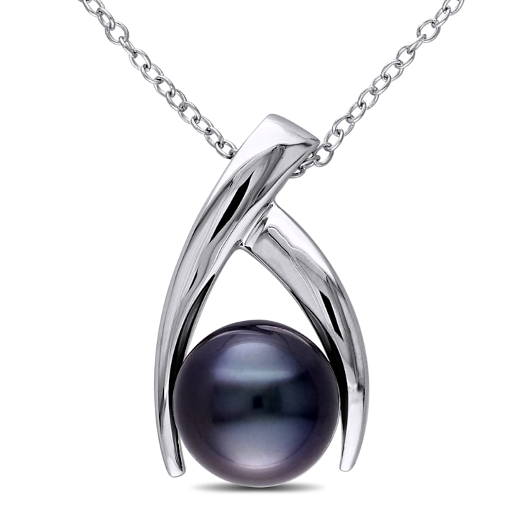 9.5-10MM Black Tahitian Cultured Pearl Crisscross Pendant with Chain in
Sterling Silver