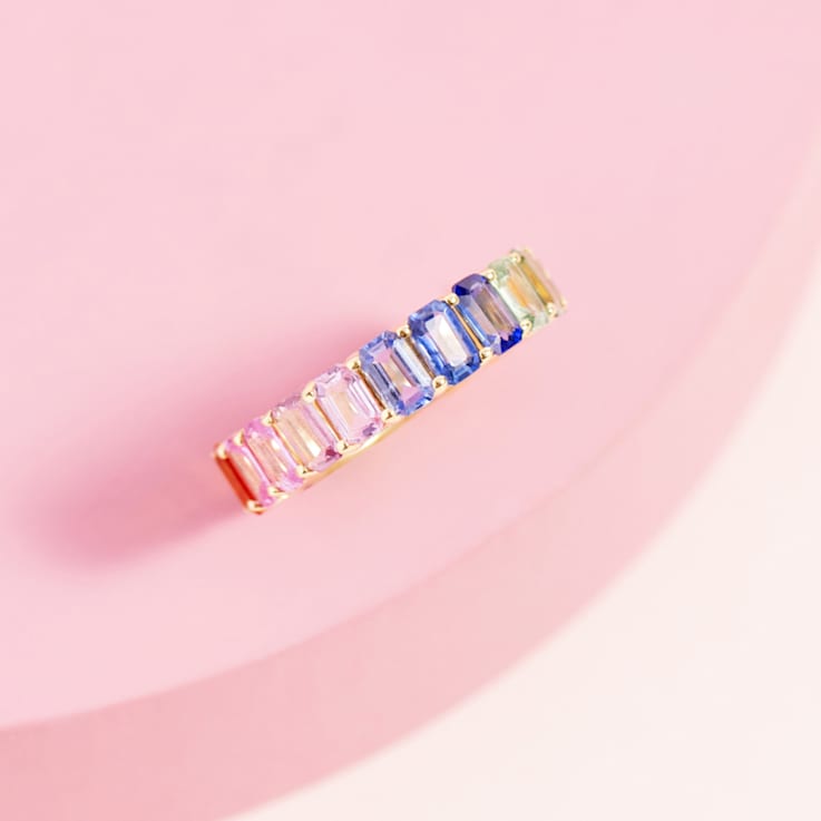 14K Yellow Gold Rainbow Sapphire Octagon Band Ring