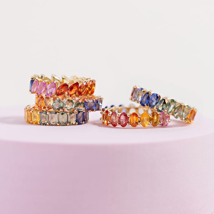 14K Rose Gold Rainbow Sapphire Hearts Band Ring