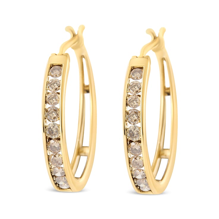 14K Yellow Gold Plated .925 Sterling Silver 1.0 Cttw Champagne Diamond
Hoop Earrings with Snap Post