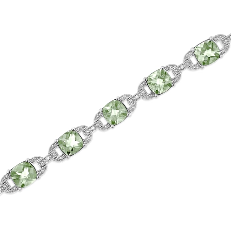 .925 Sterling Silver 7x7 mm Cushion Cut Prasiolite and 1/20ctw Round Cut
Diamond Tennis Bracelet