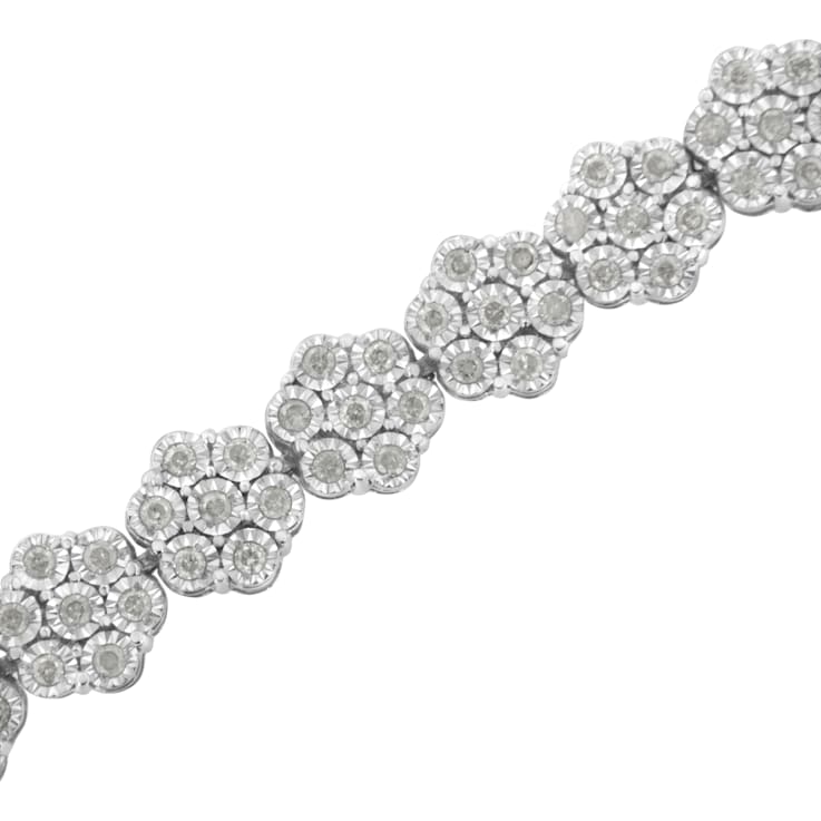 Sterling Silver 2.0ctw Diamond 7 Stone Floral Cluster Link Bracelet