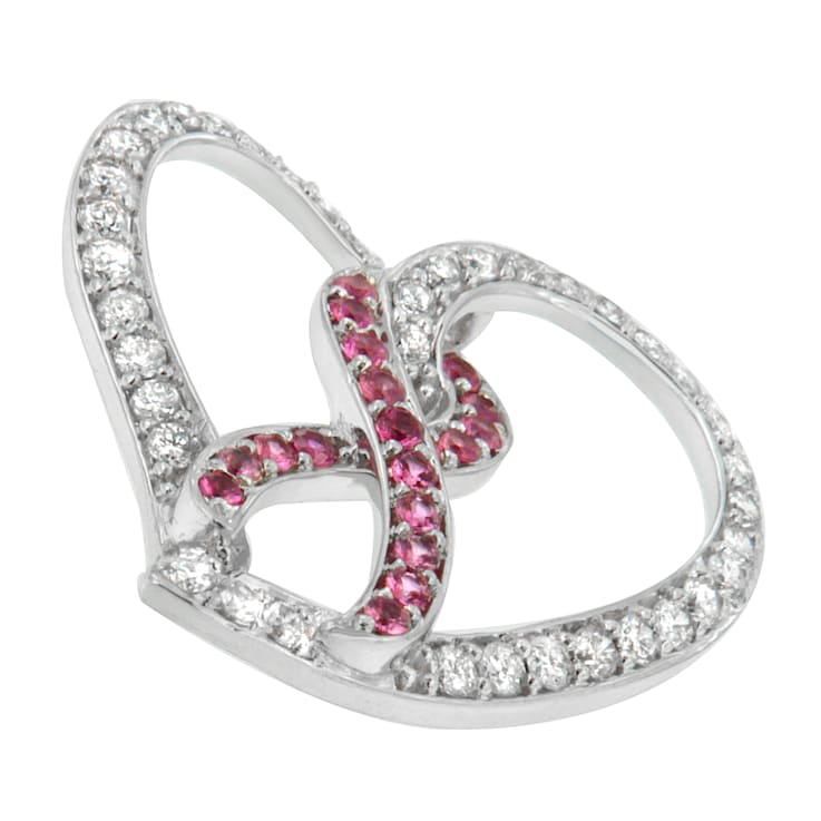 14K White Gold Diamond and Lab Created Pink Sapphire Awareness Ribbon
& Open Heart Pendant w\chain