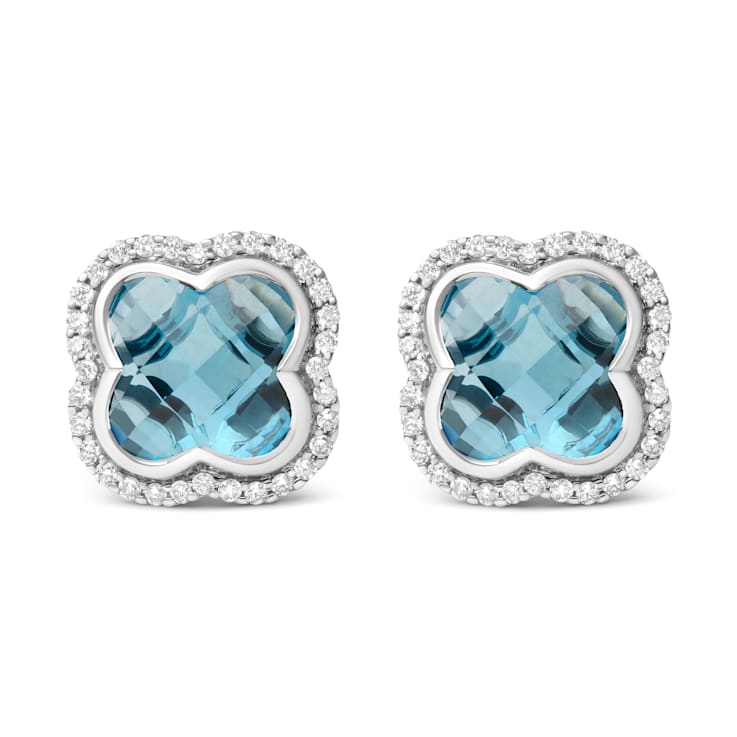 18K White Gold Clover Cut Blue Topaz Gemstone with Round Diamonds Halo
Stud Earrings