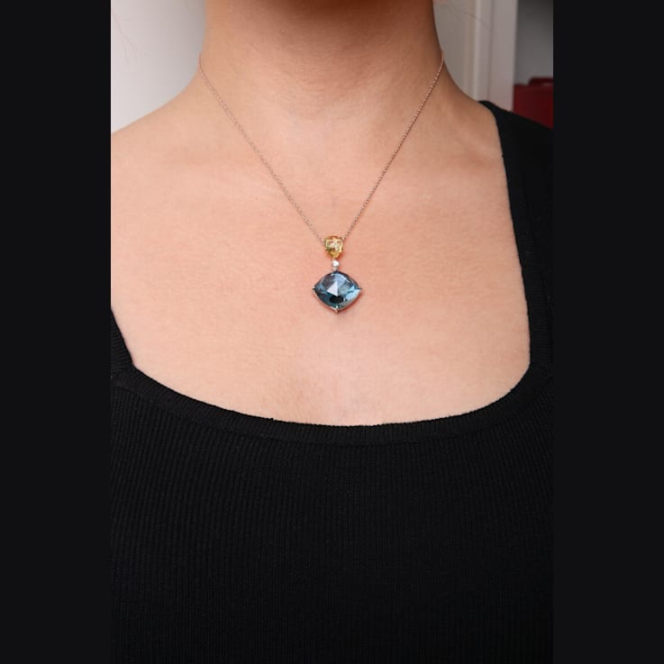 18K Two-tone Gold Cushion Blue Topaz and Pear Lemon Quartz with Diamond
Accent Dangle Drop Pendant