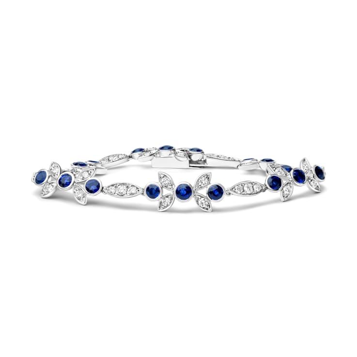 18K White Gold Round Blue Sapphire and Round Diamonds Floral Design Link Bracelet