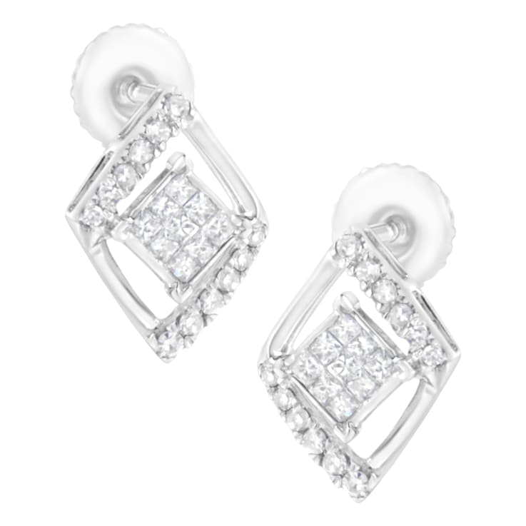 10K White Gold 1/3ctw Princess-cut Diamond Double Triangle Stud Earrings
