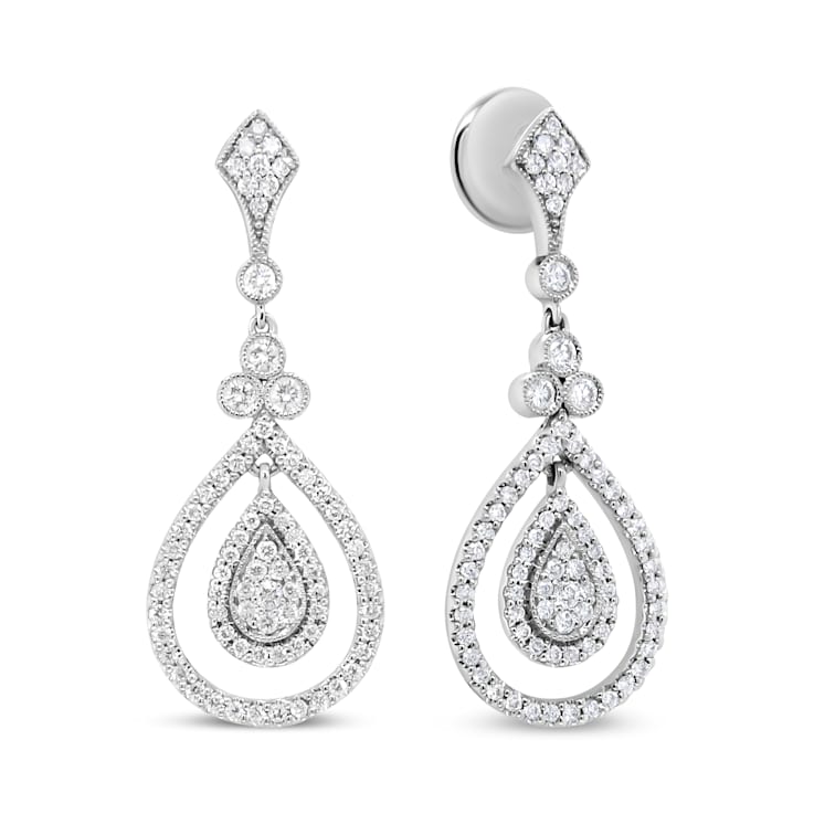 18K White Gold 1 1/4 Cttw Round Diamond Openwork Teardrop-Shaped Dangle Earrings