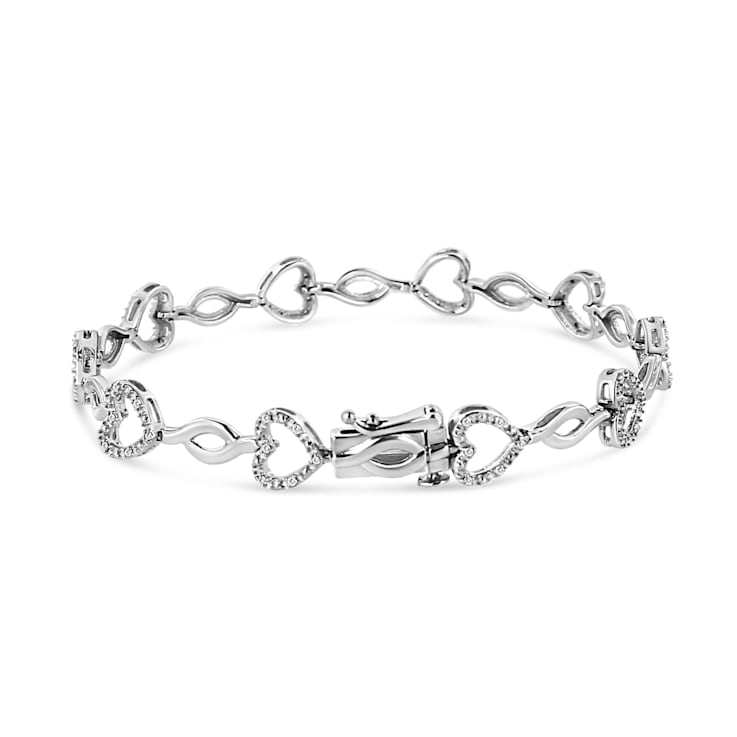 Sterling Silver .25ctw Round-Cut Diamond Alternating Heart and Leaf Link Bracelet