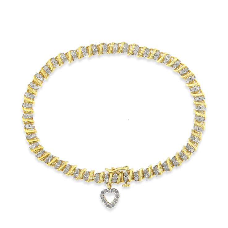 Yellow Gold-Plated Sterling Silver 2ct TDW Diamond Heart Charm Bracelet
(I-J, I3-Promo) - 7"