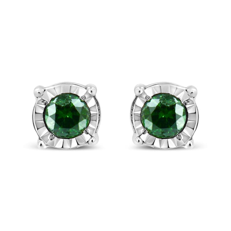 Sterling Silver Rose Cut Treated Green Diamond Solitaire Stud Earrings 0.25ctw