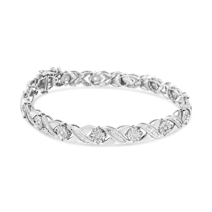 Sterling-Silver 1ct TDW Round and Baguette Diamond X-Link Tennis
Bracelet (I-J, I2-I3) - 7"