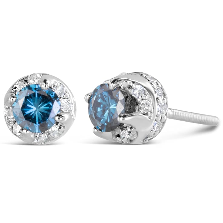 1.00ctw Treated Blue and White Diamond 14K White Gold Hidden Halo Stud Earrings