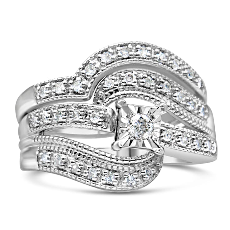 Sterling Silver 1/3ctw Diamond Crisscross Engagement Bridal Set