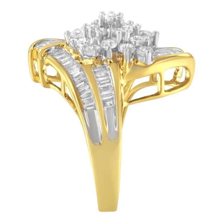 10K Yellow Gold Round and Baguette Diamond Swirl Ring (2.0