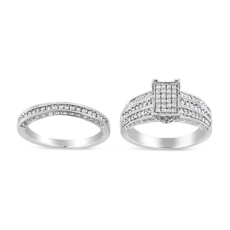 Sterling Silver 3/4ctw Round Diamond Composite Engagement Ring and Band Set