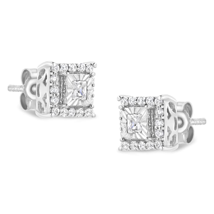 Sterling Silver 1/4ctw Princess and Round Cut Diamond Halo Stud Earrings