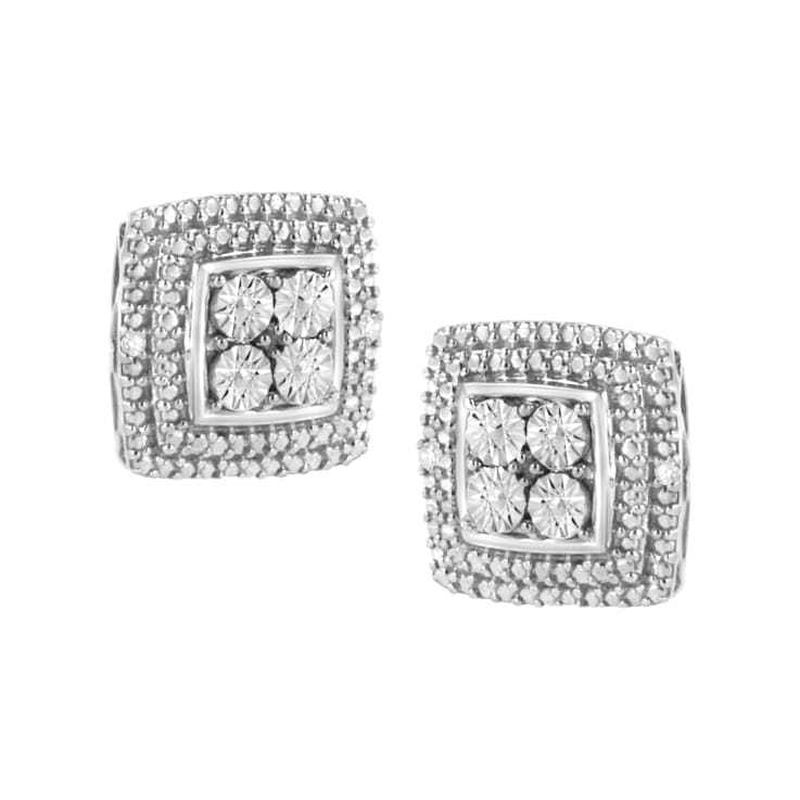 Diamond Accented Square-Shaped Sterling Silver Milgrain Stud Earrings