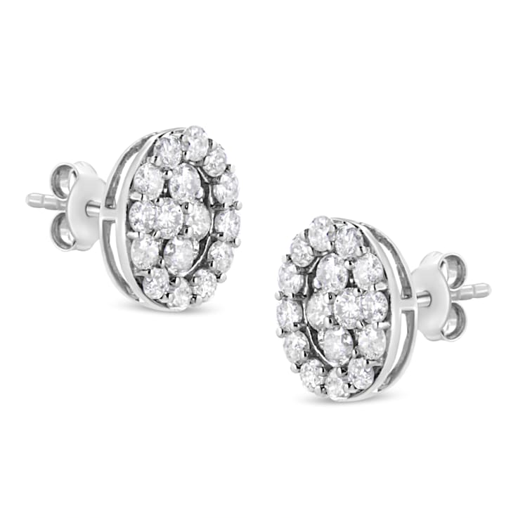 Sterling Silver 1 1/2ctw Round-Cut Diamond Oval Shaped Stud Earrings