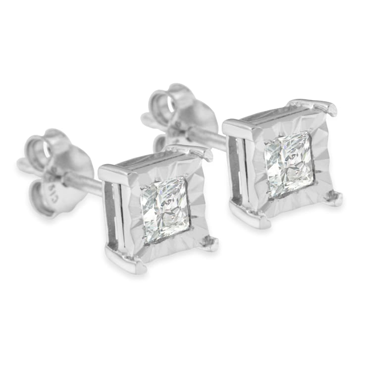 Sterling Silver 1/2ctw Miracle Set Princess-cut Diamond Solitaire Stud Earrings