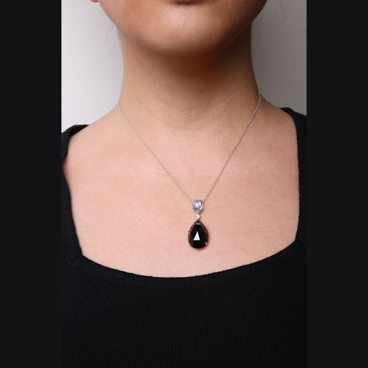 18K White Gold Pear Cut Blue Topaz and Black Onyx Gemstone with Diamond
Accent Dangle Drop Pendant