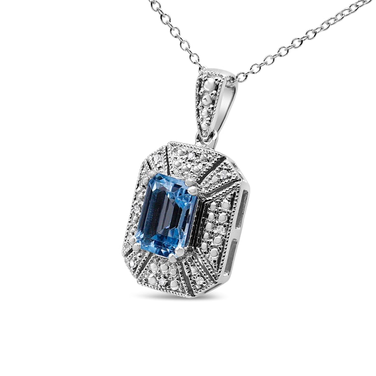 .925 Sterling Silver 8x6mm Gemstone and Diamond Accent Art Deco Style
18" Pendant Necklace