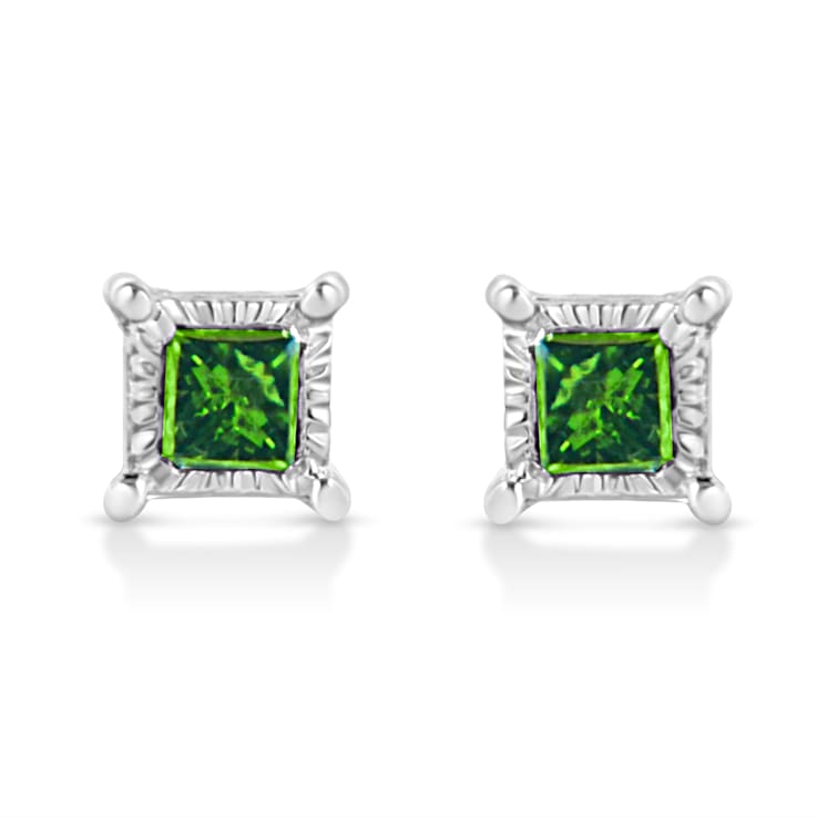 Sterling Silver 1/10ctw Miracle Set Princess-Cut Treated Green Diamond
Stud Earrings