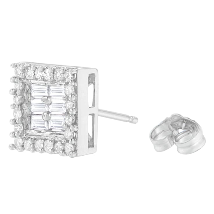 14K White Gold 1.0ctw Round and Baguette Diamond Stud Earrings