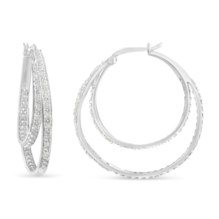 Sterling Silver 1/2ctw Miracle-Set Diamond Double Hoop with Latchback Earrings