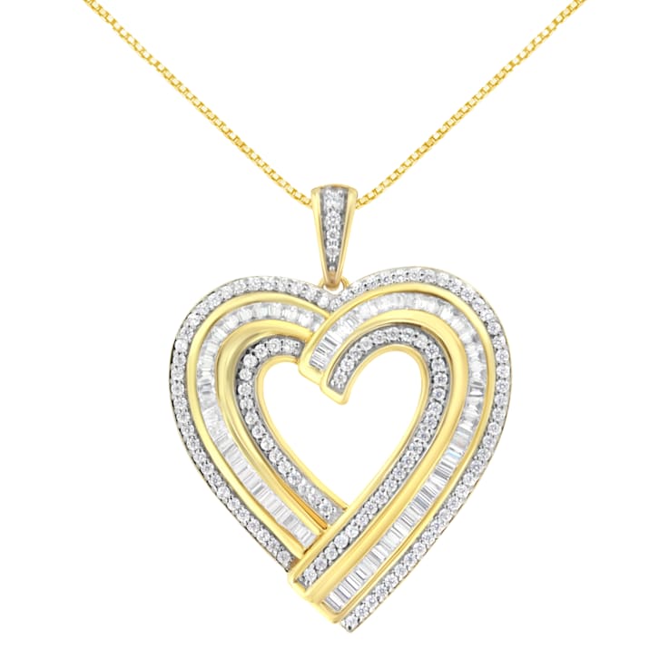 1.375ctw Baguette Diamond 14K Yellow Gold Over Sterling Silver Heart Necklace