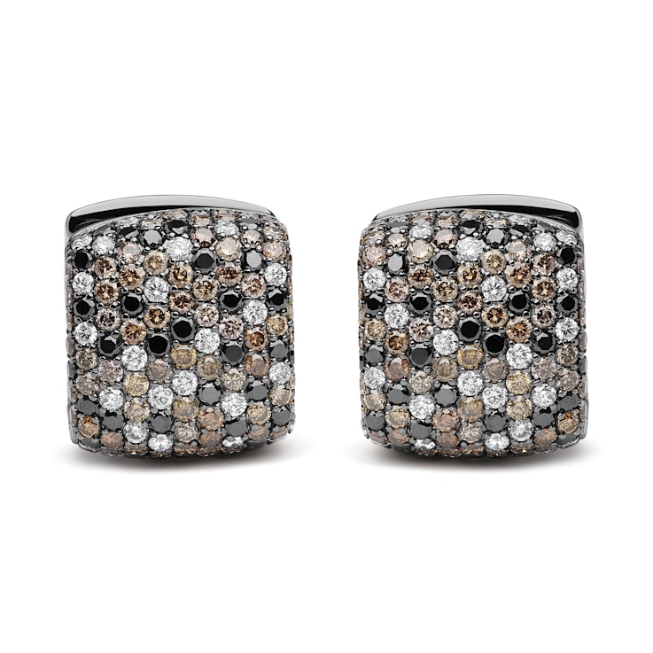 Black Rhodium over 18K White Gold Multi-Color Round Diamond Cluster Square  Huggie Hoop Earrings