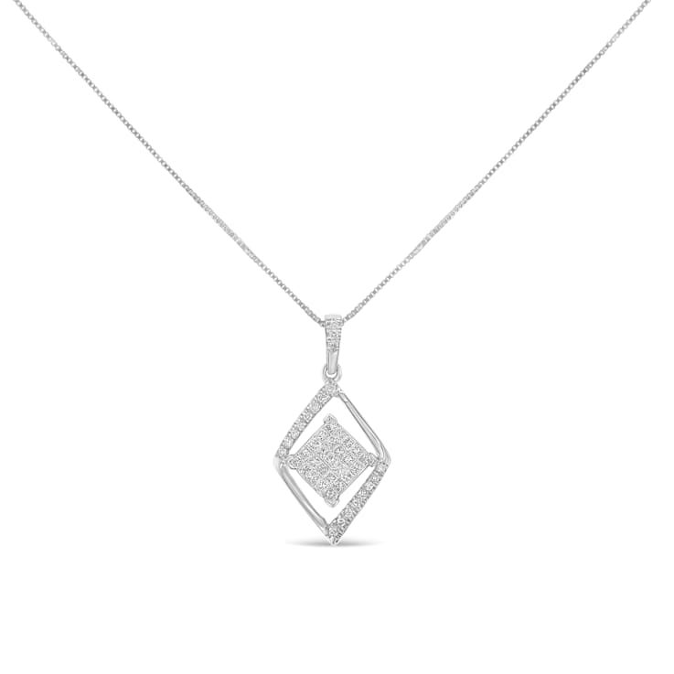 10k White Gold 1/3ctw Mixed Cut Diamond Double Triangle 18" Pendant w\chain