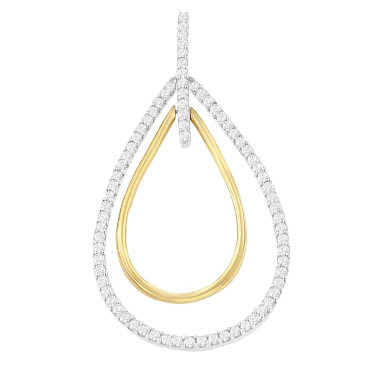 14K Two-Tone Gold Round Cut Diamond Double Burst Pendant Necklace 1.00ctw